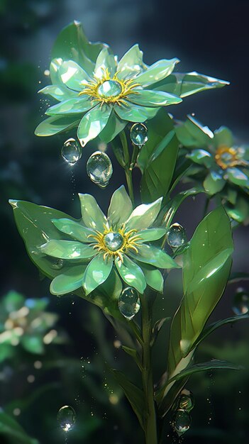 생성 ai에 물방울이 있는 녹색 식물이 있습니다.