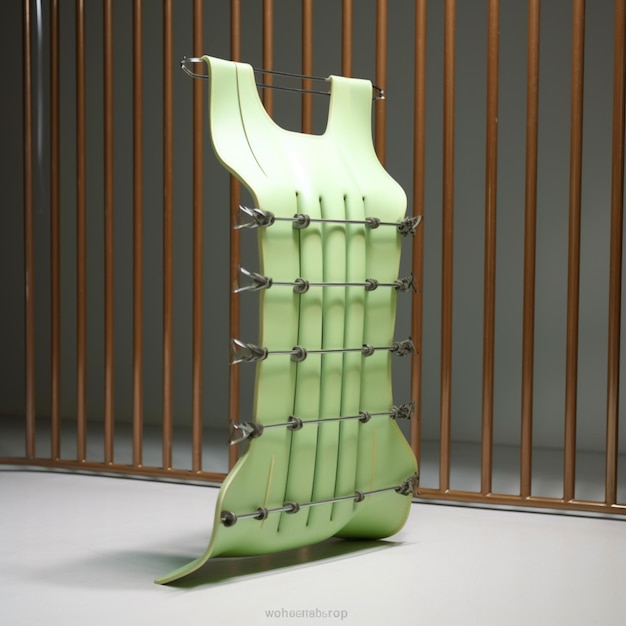 There is a green plastic object with metal bars on it generative ai