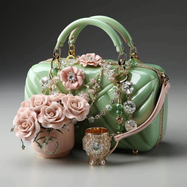 There is a green purse and a pink purse with flowers generative ai