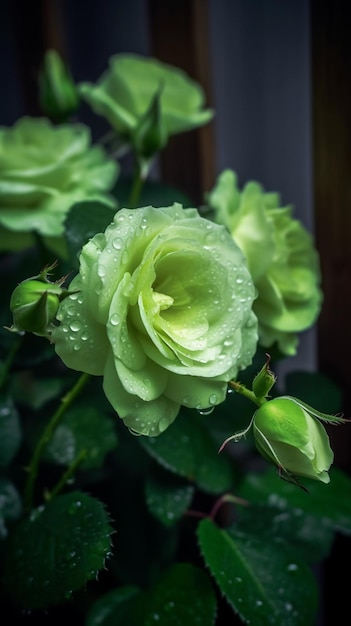 there is a green rose with water droplets on it generative ai