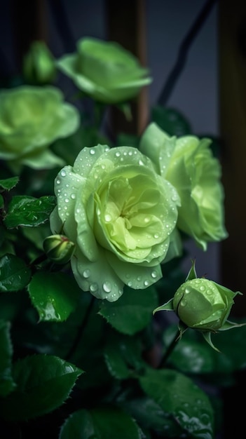 there is a green rose with water droplets on it generative ai