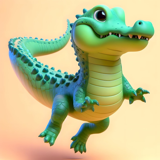 There is a green toy alligator that is standing on a table Generative AI