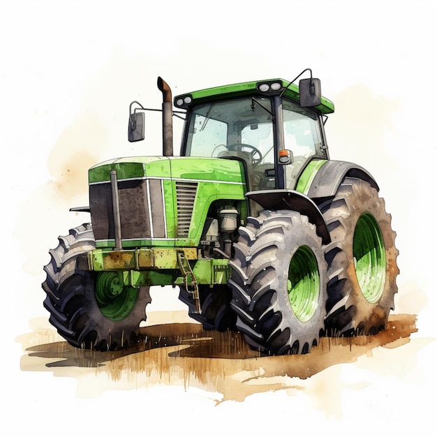 there is a green tractor with large tires on a white background generative ai