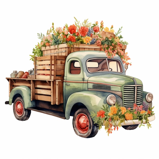 Foto c'è un camion verde con un mazzo di fiori sul retro generativo ai