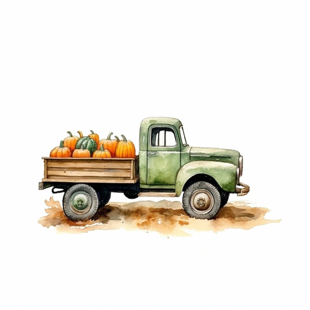 There is a green truck with pumpkins in the back generative ai