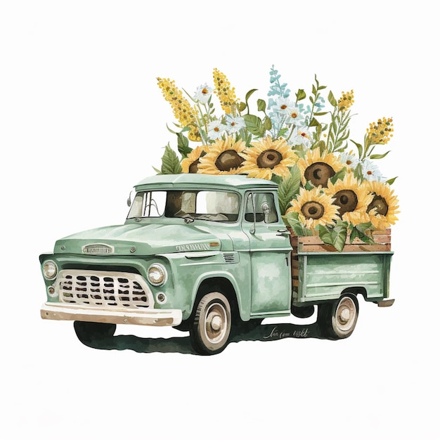 There is a green truck with sunflowers in the back generative ai