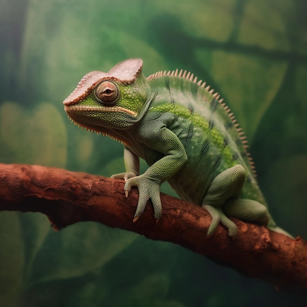 There is a green and white lizard sitting on a branch generative ai