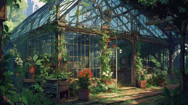 there is a greenhouse with plants and flowers in it generative ai