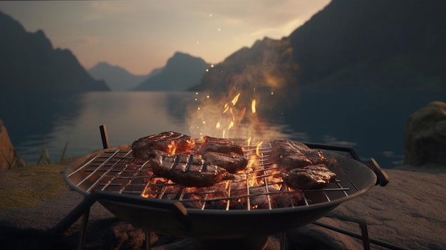 there is a grill with meat cooking on it on a rock generative ai