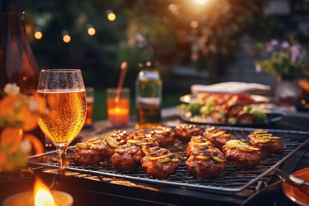 There is a grill with meat and vegetables on it with a glass of wine generative ai