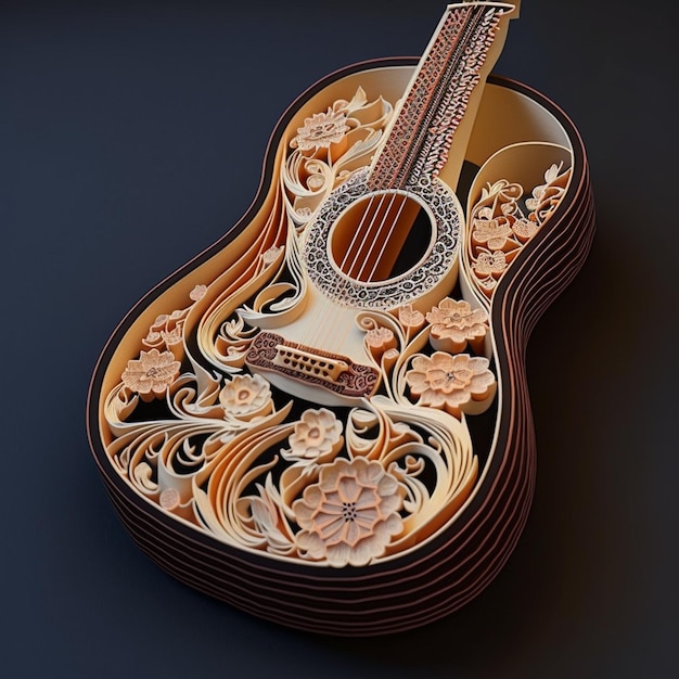 there is a guitar made out of paper with flowers on it generative ai