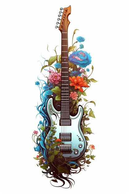 There is a guitar with a floral design on it AI Generative