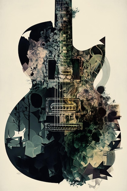 Photo there is a guitar with a picture of a city in the background generative ai