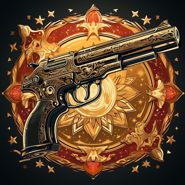 Photo there is a gun with a gold frame and stars around it generative ai