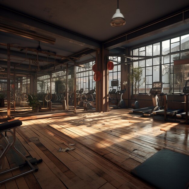 there is a gym room with a lot of windows and a wooden floor generative ai