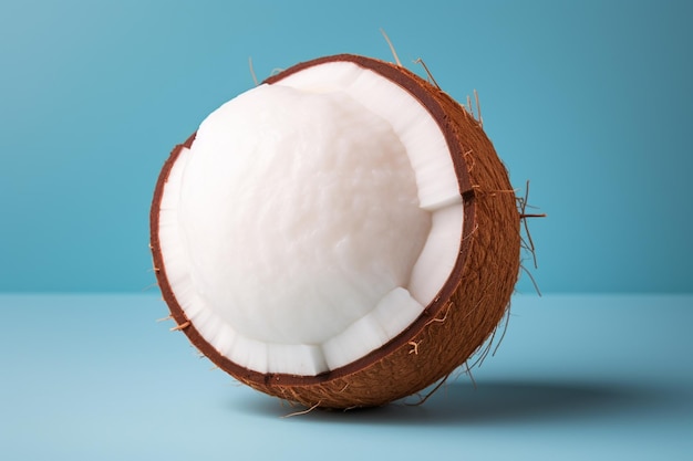 there is a half of a coconut on a blue surface generative ai