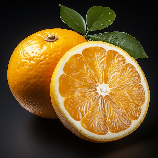 There is a half of an orange with a leaf on it generative ai