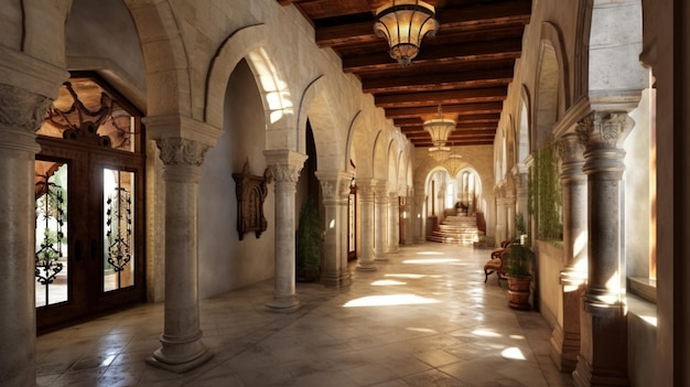 there is a hallway with a lot of columns and a light fixture generative ai