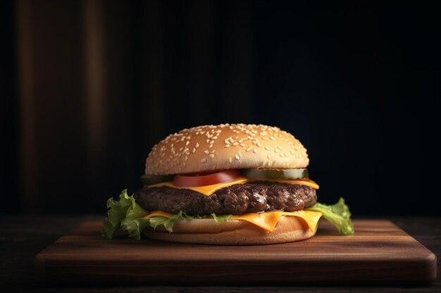 there is a hamburger with cheese and lettuce on a wooden board generative ai