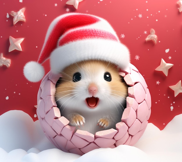 Photo there is a hamster in a pink ball with a santa hat on generative ai