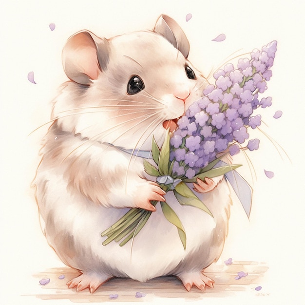 There is a hamster that is holding a bunch of flowers generative ai