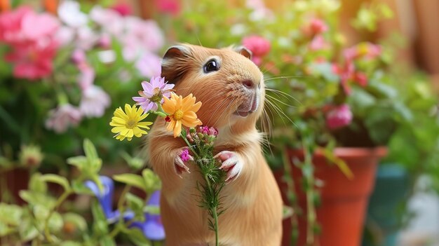 Foto c'è un criceto che tiene un fiore in bocca generativo ai