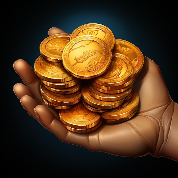 There is a hand holding a pile of gold coins generative ai