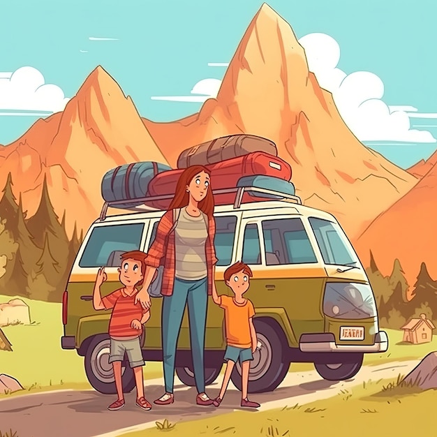 There is a happy family in the camping site and is on vacation