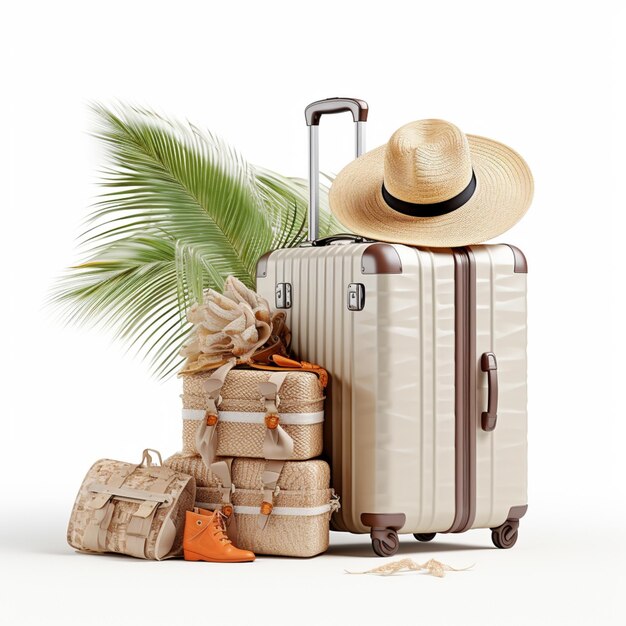 there is a hat and suitcases with a palm tree and a bag generative ai