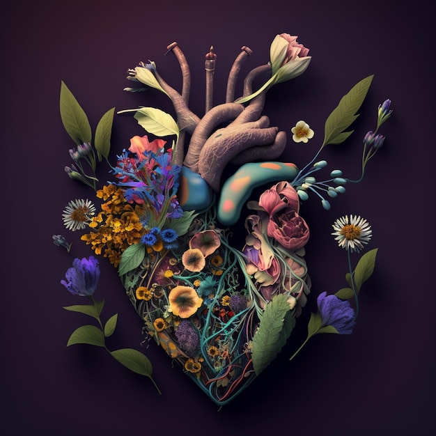 There is a heart made of flowers and leaves on a purple background generative ai