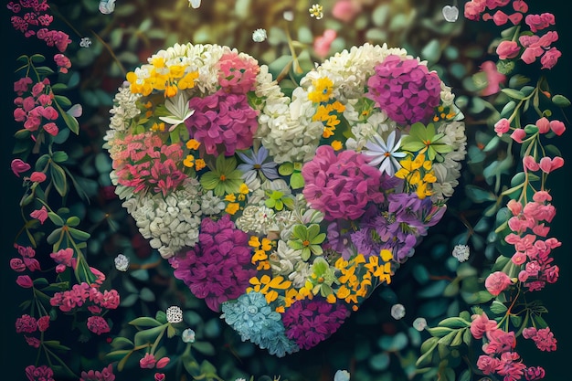 Photo there is a heart made of flowers in the middle of a garden generative ai