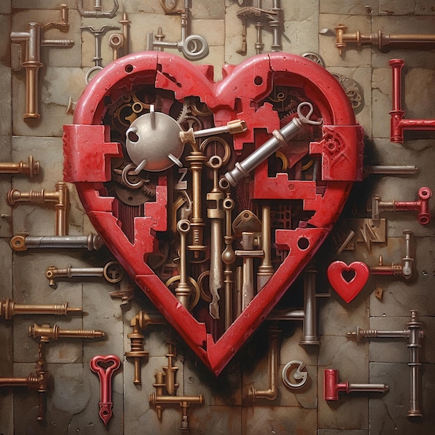 Photo there is a heart made of keys and a keyhole in the middle generative ai