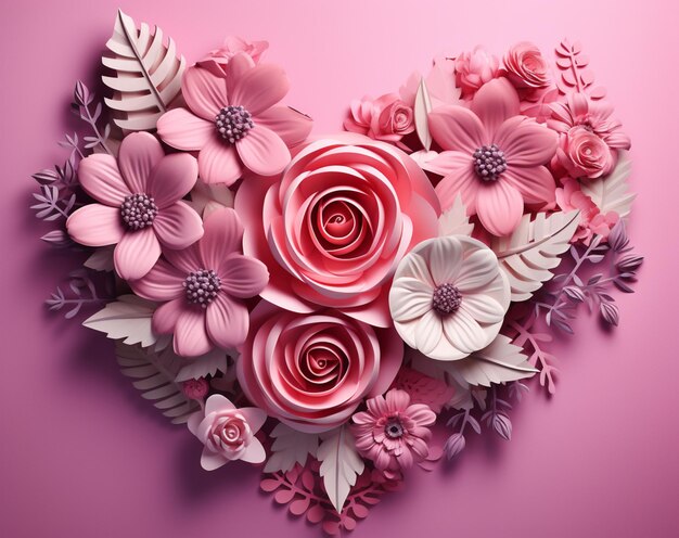 there is a heart made of paper flowers on a pink background generative ai