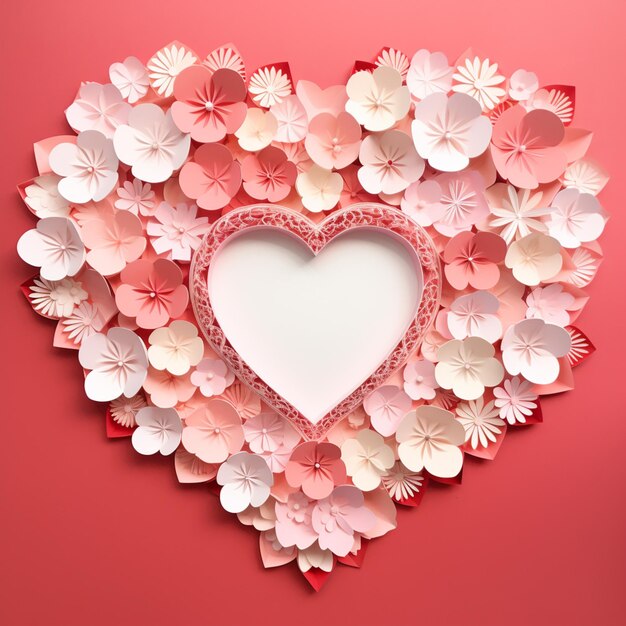 there is a heart made of paper flowers on a pink background generative ai