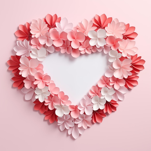 there is a heart made of paper flowers on a pink background generative ai