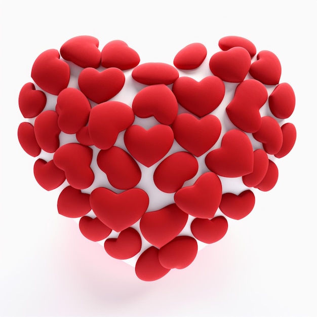 Есть сердце, сделанное из красных сердец на белой поверхности.