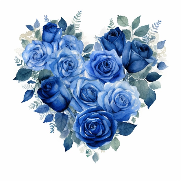 심장 모양의 파란 장미와 잎의 배열이 있습니다.