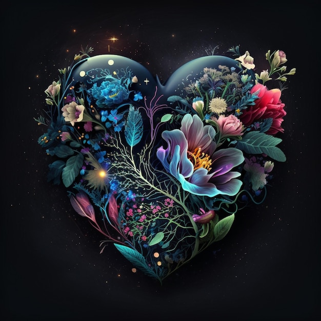 there is a heart shaped arrangement of flowers and leaves on a black background. generative ai.