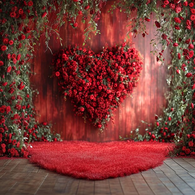 Photo there is a heart shaped arrangement of red roses in a room generative ai