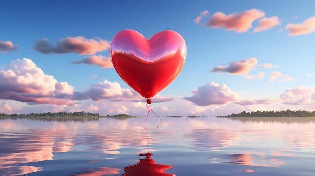 there is a heart shaped balloon floating on the water with a reflection Generative AI
