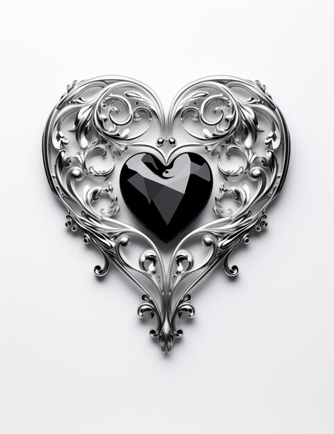 there is a heart shaped brooch with a black stone in it generative ai