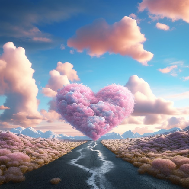 Photo there is a heart shaped cloud in the middle of a road generative ai