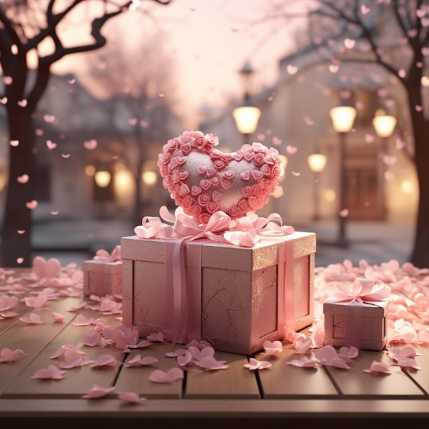there is a heart shaped flower arrangement on a gift box generative ai