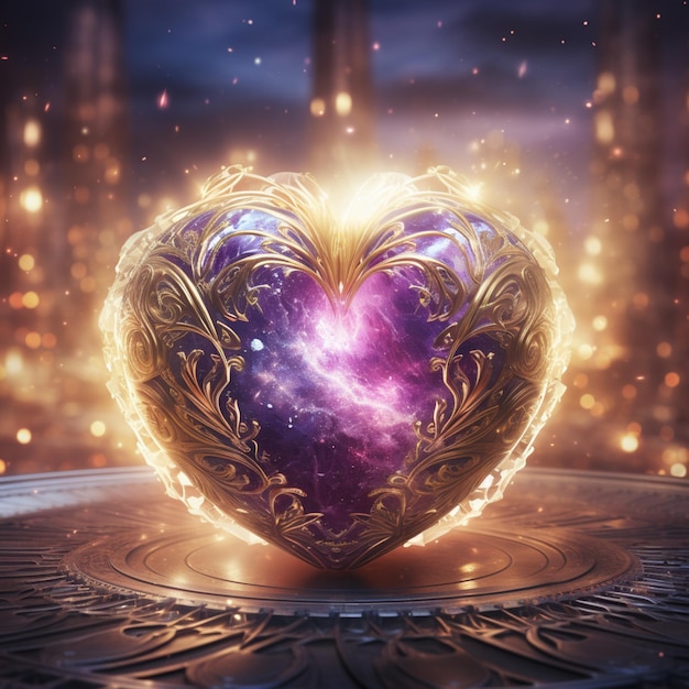 There is a heart shaped object with a purple and gold design generative ai