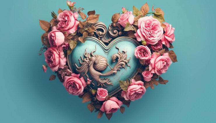 Photo there is a heart shaped vase with flowers and a bird on it generative ai