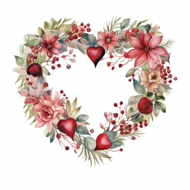 There is a heart shaped wreath made of flowers and berries generative ai