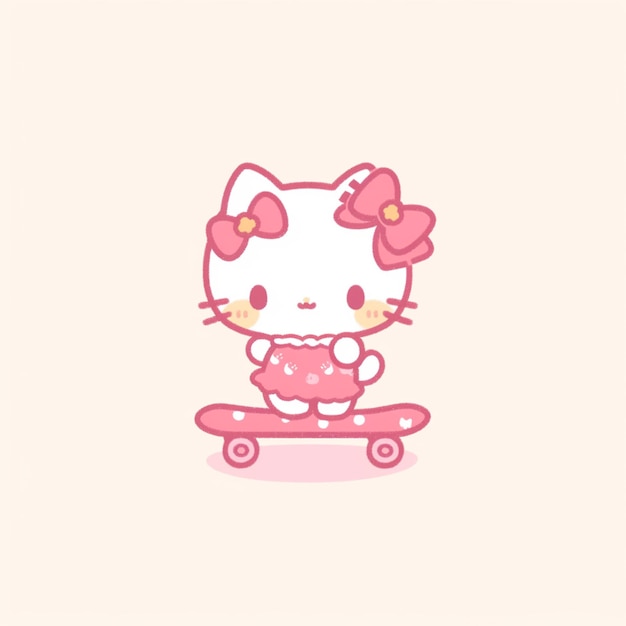 There is a hello kitty riding a skateboard with a pink bow generative ai