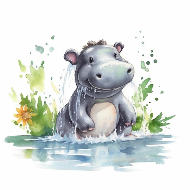 There is a hippo is sitting in the water and has a flower generative ai