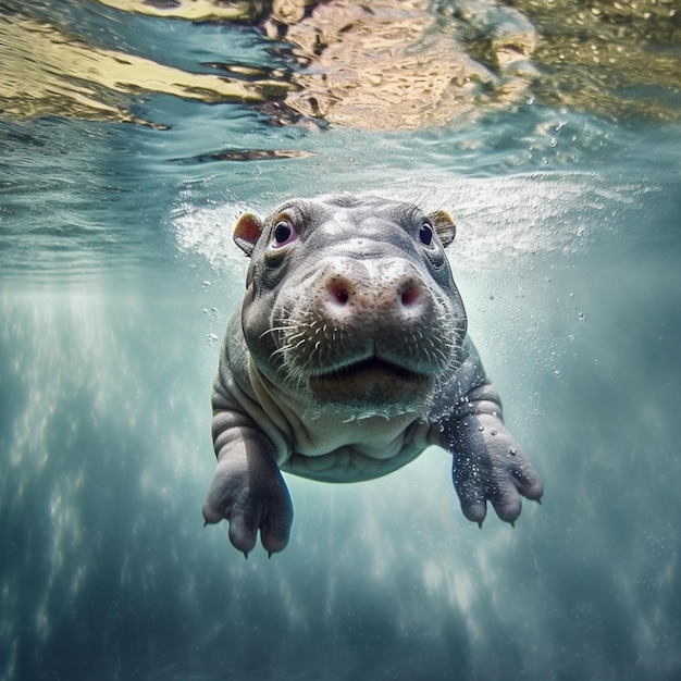 There is a hippo swimming in the water with its head above the water generative ai