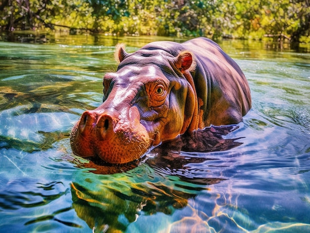 There is a hippo in the water with its head above the water generative ai